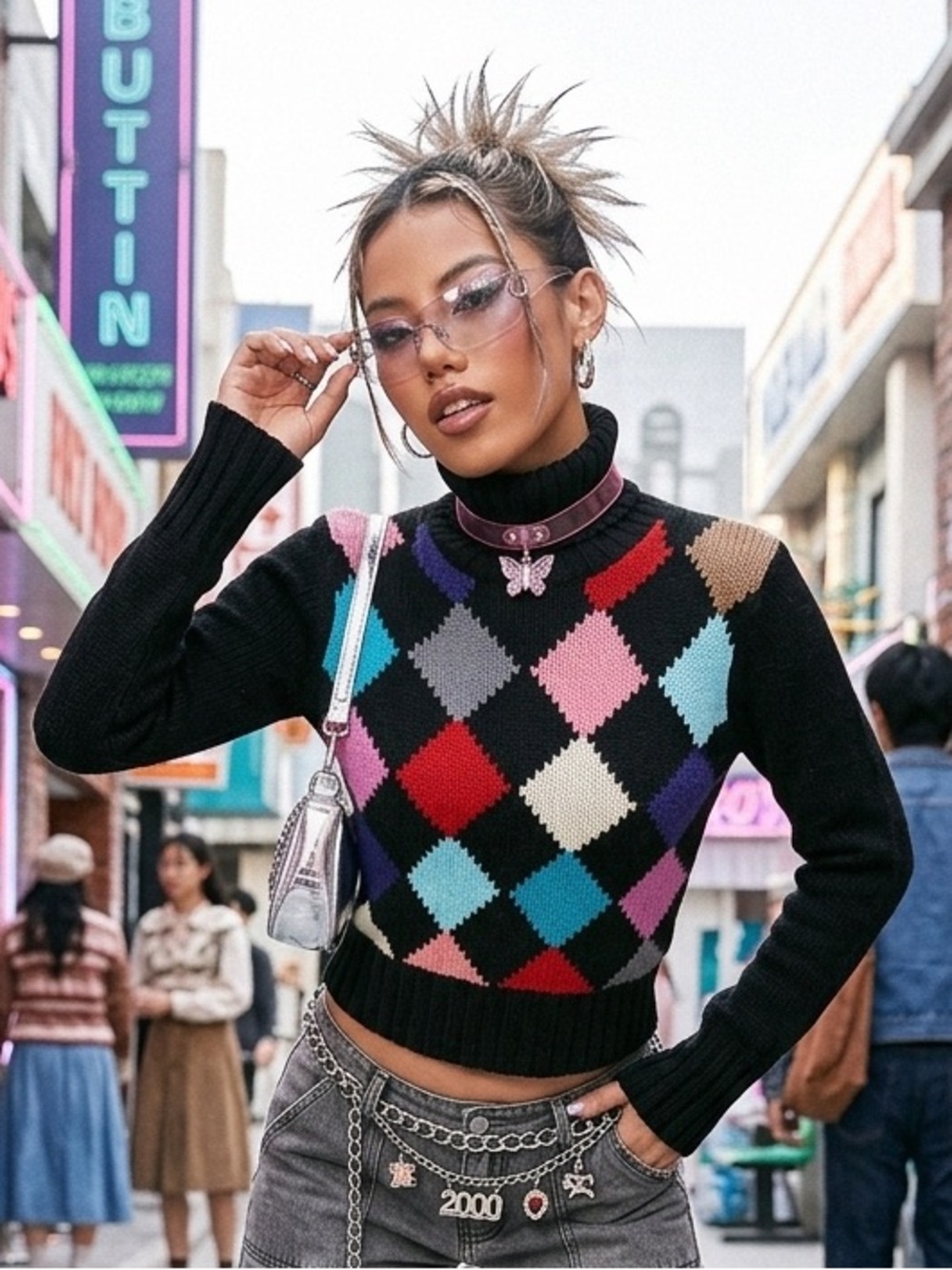 The Limited Black Argyle Turtleneck Sweater with Multicolor Diamonds, Size Small